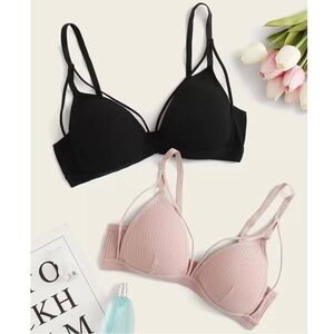 SHEIN Ribbed Harness Bra Set 2 Pack Black Pink Strappy Detail Bralette Size L